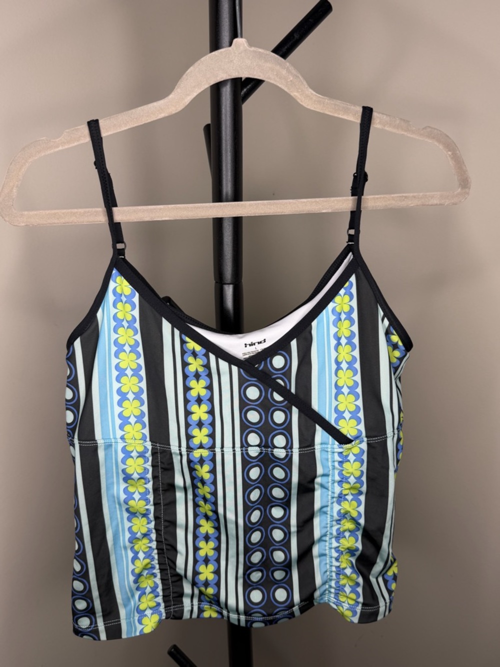 Hind Y2K Women’s Blue/Green/Black Striped Floral Cami Workout Swim Tank Top L